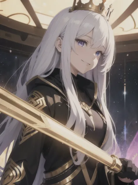 Anime Girl, White Hair, Glowing Purple Eyes, Golden Mechanical Crown, Futuristic Ruler Clothing, Purple Wings, Holding a Golden Staff, Spaceship Window Background, Dark, Dystopian, Unnerving, Smiling, Body Portrait, Standing Position, Side View