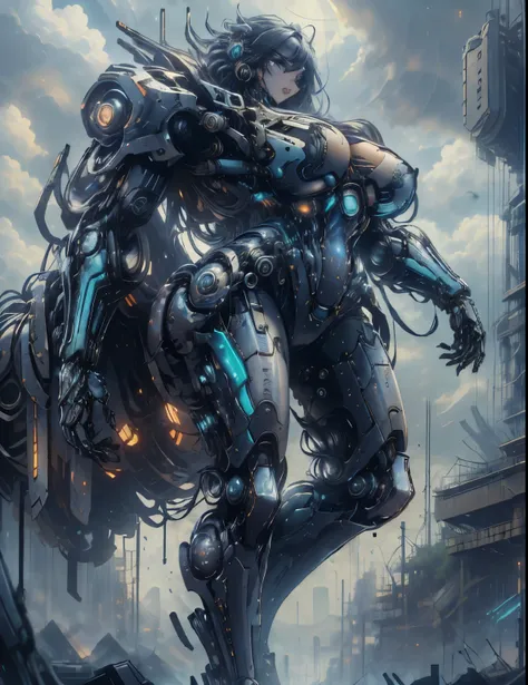 masterpiece，（best quality）Giant Cyberpunk Female Mechanical Titan，Breasts assembled with giant carbon fiber mechanical structural modules，Ruins of dilapidated underground city on cloudy day and night