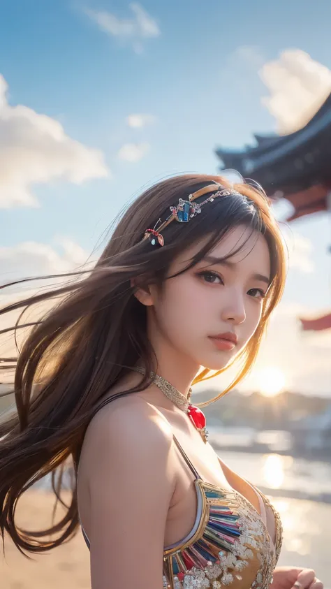 Masterpiece, 4K, bokeh, Photorealistic, high school girl walking in the beach, (Japanese idle:1.6), Lightbrown long hair, Light brown eyes, Plump breast, Looking at the viewer, Blushed face, Close up, BREAK, (Silver metallic dress), (Gemstones decoration:1...