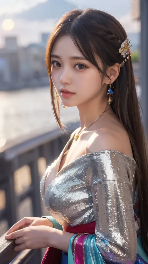 Masterpiece, 4K, bokeh, Photorealistic, high school girl walking in the beach, (Japanese idle:1.6), Lightbrown long hair, Light brown eyes, Plump breast, Looking at the viewer, Blushed face, Close up, BREAK, (Silver metallic dress), (Gemstones decoration:1...