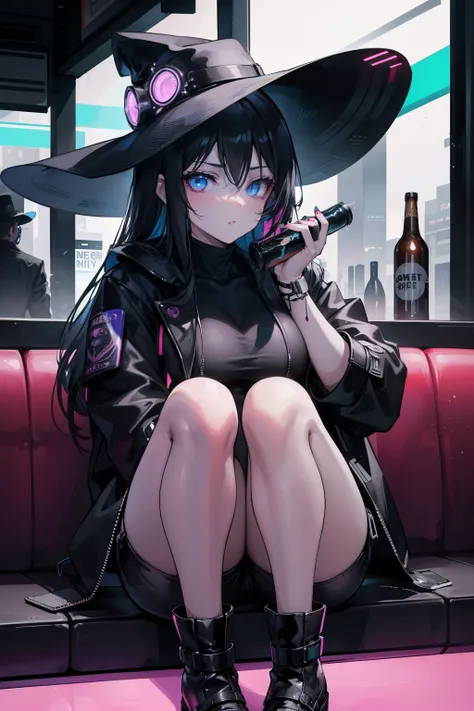 In the heart of the bustling boulevard, a full-grown android with realistic features, clad in a black jacket, wide-brimmed hat, and matching shorts and boots, takes a seat at the table of a dimly lit street bar. Her tanned, smooth skin is completely covere...