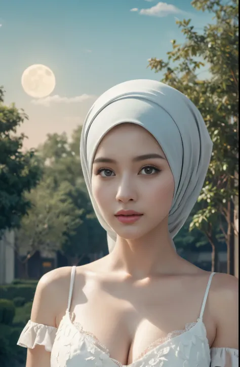 cosplay, cosplayer, brownies, sky,moon, (Close-up of the painting style，Ultra HD 8K，Masterpiece grade CG wallpaper)，Cinematic lighting，cute girly，Delicate and beautiful face，Dreamy pupil,round waist,hijabi,Bust poem,Sit，Cloudy background,the trees,florals,...