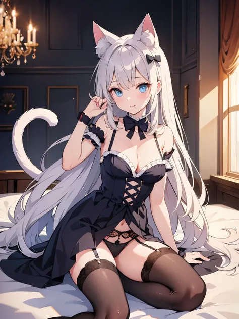 Top quality, super high resolution, beautiful eyes, cat ears (same color as hair), cat tail (same color as hair),garter_straps, garter_belt, thighhighs, cleavage