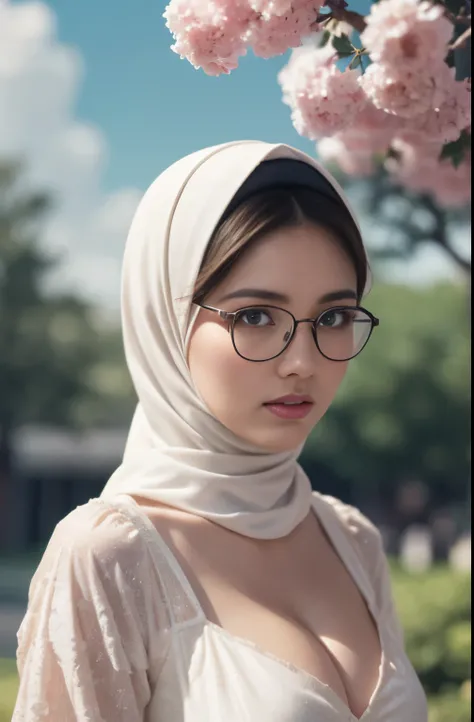 glasses, cosplay, cosplayer, brownies, sky,moon, (Close-up of the painting style，Ultra HD 8K，Masterpiece grade CG wallpaper)，Cinematic lighting，cute girly，Delicate and beautiful face，Dreamy pupil,round waist,hijabi,Bust poem,Sit，Cloudy background,the trees...