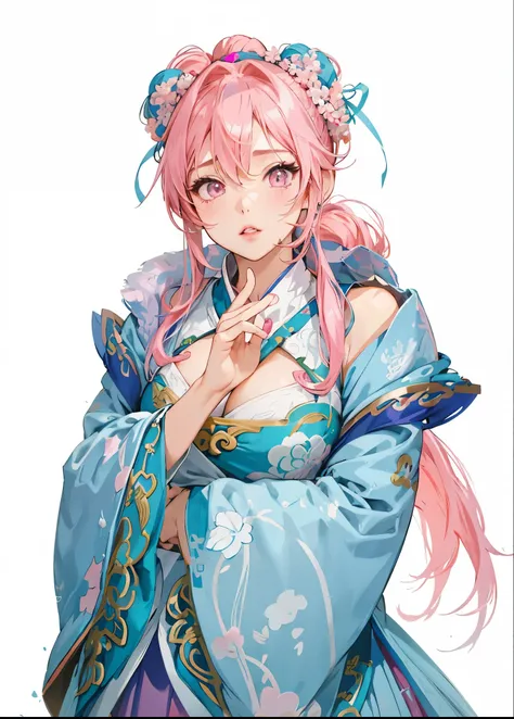 wearing blue dress、Anime girl with pink hair and white dress, Pink ponytail hair and cyan eyes, ((Wearing noble robes)), Cute anime waifu wearing beautiful clothes, eager character, Anime character with pink hair and red chinese hanfu, Popular topics on ar...