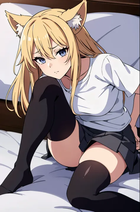 1 girl, blonde hair, fox ears, cute anime face, dark grey eyes, eyeliner and makeup, medium sized breasts, medium clevage, white button-up t-shirt, black tattersall pattern mini skirt, black thigh highs, no shoes, laying in bed on stomache, prone postition...