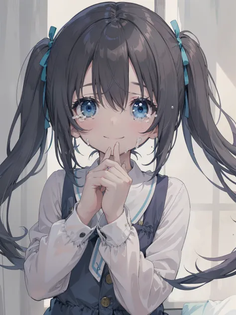 (short low twintails)、blue eyes、(smile crying)
