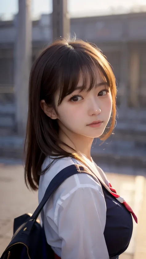 (masterpiece:1.2, highest quality), bokeh, 1 high school girl, 
(Japanese idle:1.6), Plump breast, Blushed face, Looking at the viewer, standing at the train railway, high school uniform:1.6), sundown, Close up, 
