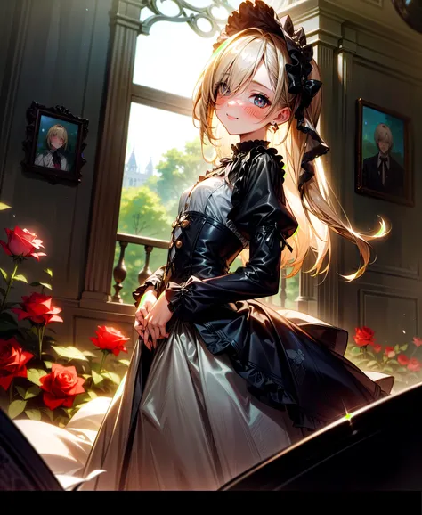 ((Masterpiece)), (Anime:1.5), ((best quality)), (RAW photo: 1.2), (Professional Photography:1.2), 8K, from side, wide shot, (12 years old), ((1girl)), Textured skin, cinematic lighting, 1girl, ((Beautiful Gothic Lolita)), (very hoop-dress),, cute innocent ...