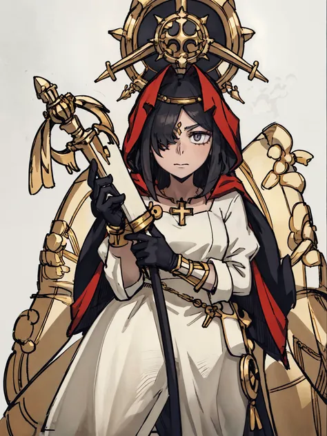 ((a woman，saint，Gold and white dress，hair over one eye)),front,Half body,black hair，red cloak，scepter，temperament，Damia，Mature，gentle，kindly，religion，Different world，middle Ages，White background