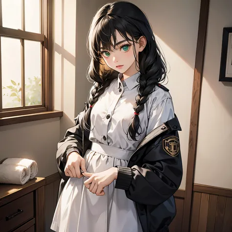 A girl with black hair in braids, green eyes, thin lips, round face, small flat breasts, thin hips, lolita style, 18 years old, wearing a private university uniform, inside the janitors room