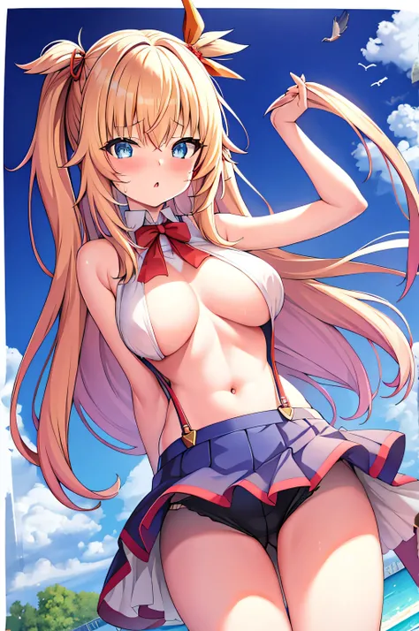 Akai_haexisto, 1 girl, breast, long_head发, Virtual_Youtuber, blonde_head发, underwear, underwear, big deal_breast, Outdoor activities, Very_long_head发, alone, pink_underwear, navel, blush, armpits, head发_decoration, sky空, one_side_up, shorts, cloud, watchin...