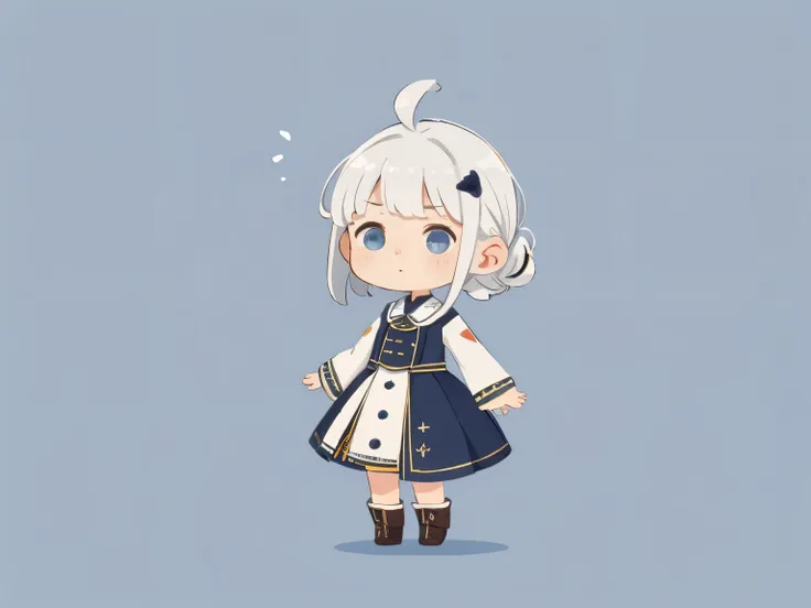 1 girl, Stand with your body facing forward., Face facing right, mouth is closed, serious expression, hair ornaments, ((highest quality, expensive_solve, clear_image)), (white hair), bob style, braid, (blue eyes), (Wear boots on your feet), coat and dress,...