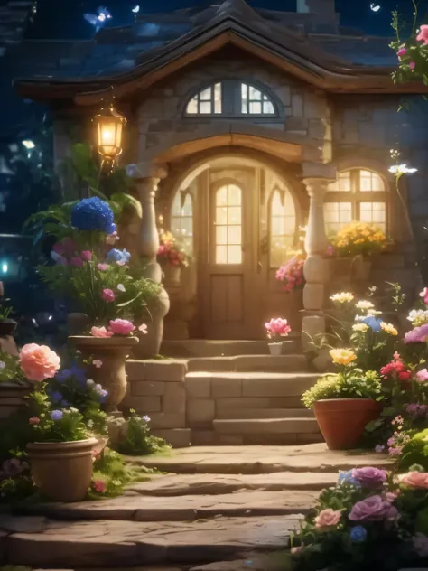 There is a small house，There are many flowers in the front yard, Unreal Engine ; romantic theme, Beautiful fairy tale rendering, Magical realism style, Gorgeous cottage, magical environment, Cottage core garden, 温馨charming场景, global illumination. Visual ef...