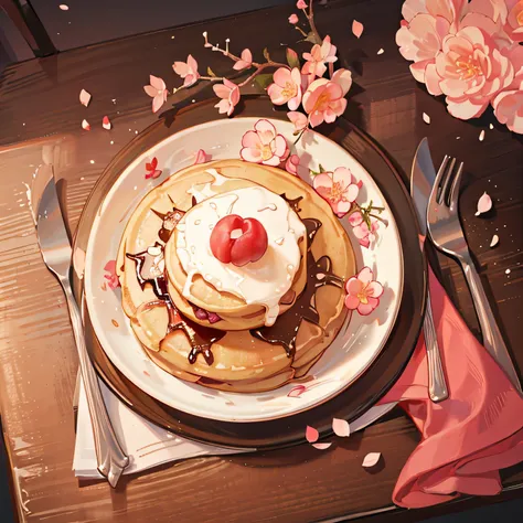 buffet、fruit pancakes、cherry blossom petals、peach cake、black tea、、Delicious looking meals、Laid out on the table、colorful