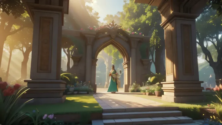 /imagine prompt: 3d animation,: Mridula, a radiant princess, stands gracefully in a lush, hyper-real garden. Surrounded by vibrant flowers and lush greenery, she gazes upon a grand, marble and granite palace in the distance. With a gentle smile, she approa...