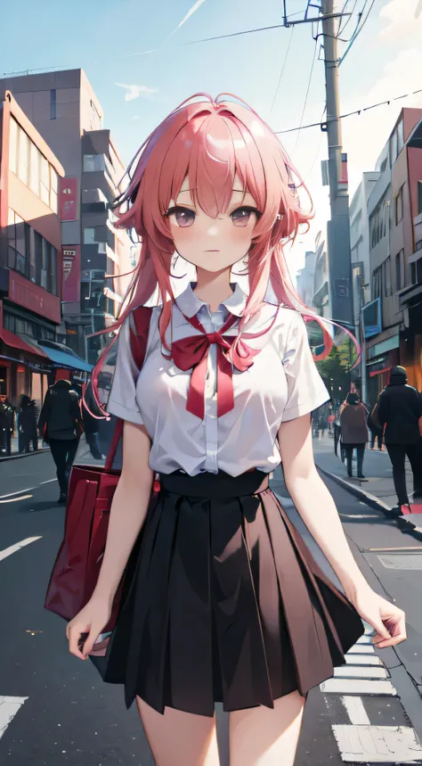 masterpiece, best quality, highres, absurdsurreal, 1girl, crowd, skirt, pink hair, Gasai Yuno, from below, revealing clothes, skin mimicking textures, outdoors, sunlight gleaming, streetscape, intensely focused on viewer, blushing crimson.