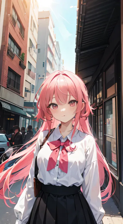 masterpiece, best quality, highres, absurdsurreal, 1girl, crowd, skirt, pink hair, Gasai Yuno, from below, revealing clothes, skin mimicking textures, outdoors, sunlight gleaming, streetscape, intensely focused on viewer, blushing crimson.