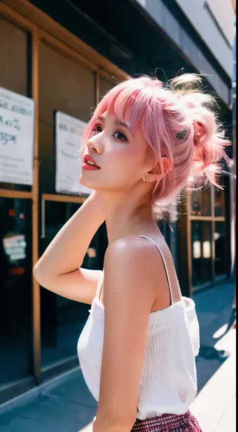 with high definition imageasterpiece, best quality, highres, absurdsurreal, 1girl, crowd, skirt, pink hair, Gasai Yuno, from below, revealing clothes, skin mimicking textures, outdoors, sunlight gleaming, streetscape, intensely focused on viewer, blushing ...