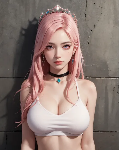 (Masterpiece, best quality, 1 girl, alone, complicated details, Chromatic aberration), realistic, ((Moderate breath)),long hair, pink hair, Red headpiece, Pink Highlights, hair on one eye,purple eyes, earring, sharp eyes, choker, Not wearing a shirt,have b...