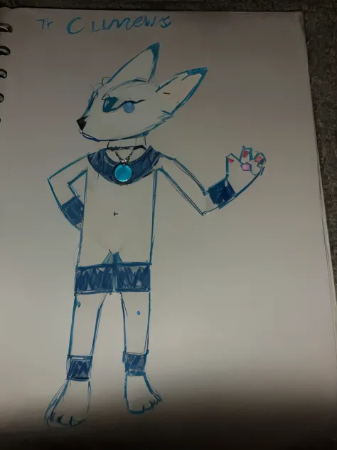 A furry oc thathas white fuzzy fur, dark blue gauntlets and ankle braces and adark blue necklace that has a big cyan gemstone in the shape of a circle in it