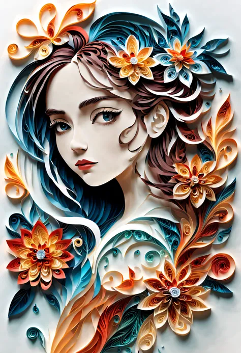 剪paper art术,(Plane paper cutting，paper art，layered paper art，paper quilling, The art of math),pure white background, girl，(high detail, masterpiece, best quality, ultra high definition)