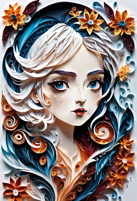 剪paper art术,(Plane paper cutting，paper art，layered paper art，paper quilling, The art of math),pure white background, girl，(high detail, masterpiece, best quality, ultra high definition)