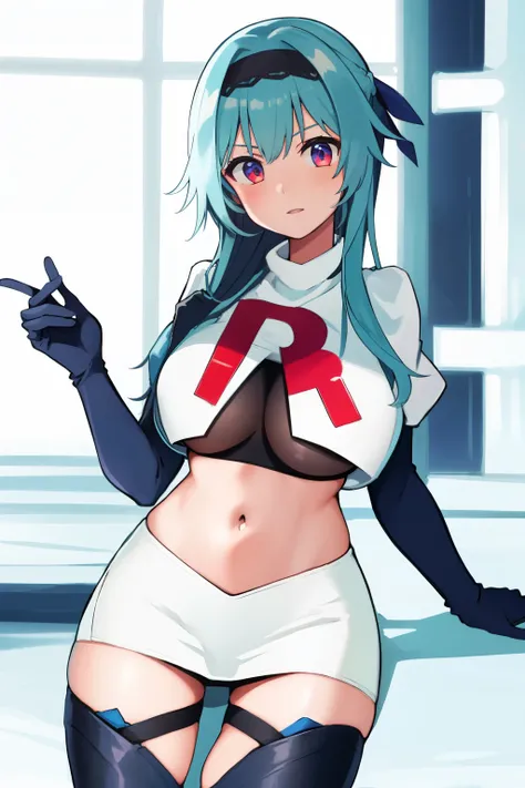 1girl, solo, euladef, large breasts, thighs, team rocket,team rocket uniform,white skirt,red letter R,crop top,black thigh-highs,black elbow gloves,