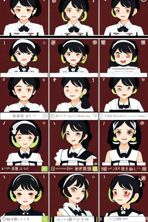 line stamps, 9 divisions, maid, various poses and expressions