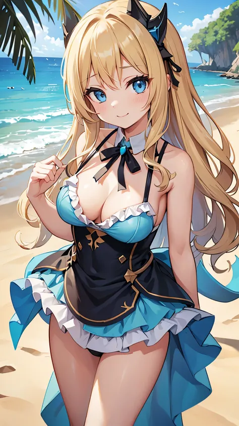 (1girl),(1solo),saren princess connect!,long blonde hair,wavy curly hair,blue eyes,medium breasts,smile,tareme,black ribbon ornaments,light cyan bikini,stand up,on beach, Only the upper body and head can be seen, frilled dress,