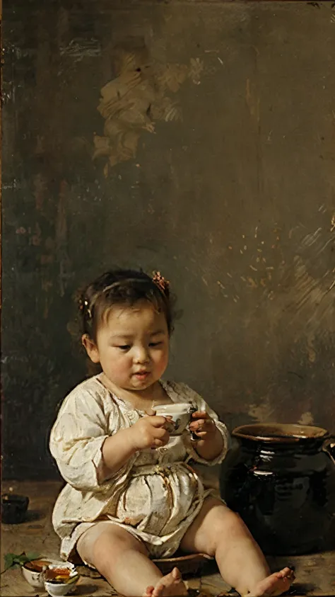 (classic oil painting) a funny cute classic asian oil painting about a little fat baby drinking a tea on a pot of tea