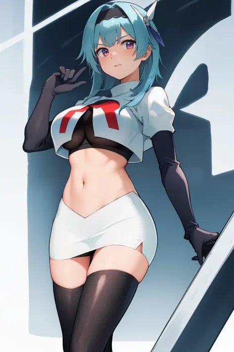 1girl, solo, euladef, large breasts, thighs, team rocket,team rocket uniform,white skirt,red letter R,crop top,black thigh-highs,black elbow gloves,