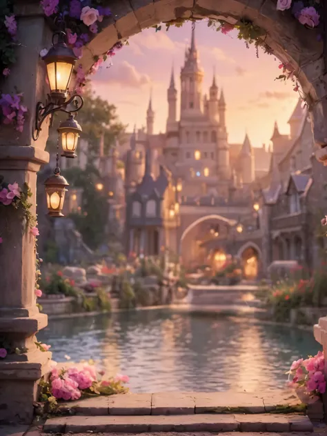 close-up of a castle with fountain and flowers, beautiful fairy tale rendering, fairytale place, very magical and dreamy, bustli...