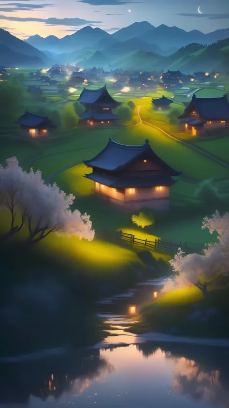 (best quality,4k,8k,highres,masterpiece:1.2),ultra-detailed,(realistic,photorealistic,photo-realistic:1.37),rural night scene with Chinese countryside elements,traditional Chinese landscape painting style,tranquil atmosphere,serene moonlit night,peaceful v...