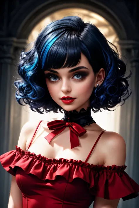 upper body, a badass cute GothGal, 28 years old, (caligirl:1.3), slaying it, wearing a red GothGal outfit, red dress, ribbon, frills, Pouty lips, Long eyelashes, thick lips rosy cheeks, cuteness overload , moody atmosphere, dimples, Resist her cuteness!!!,...