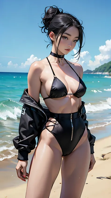 Masterpiece, highest quality, 4k, ultra detailed, beautiful korean woman, pale skin, black hair, hair tied in messy bun, slim thick body, high waist bikini, choker, standing at the beach