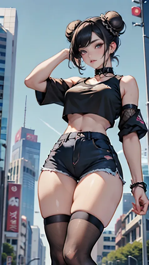 Masterpiece, highest quality, 4k, ultra detailed, beautiful korean woman, pale skin, black hair, hair tied in twin buns, slim thick body, crop top shirt, choker, short shorts, fishnet leggings, knee high socks, goth girl, city background