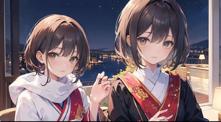 2 Girls, Best Quality, Ultra High Resolution, Short Hair, Brown Hair, Brown Eyes, Kimono, Looking at Viewer, Night, Detailed Scene, UHD, Masterpiece, High Detail, High Quality, Award Winning, 8k