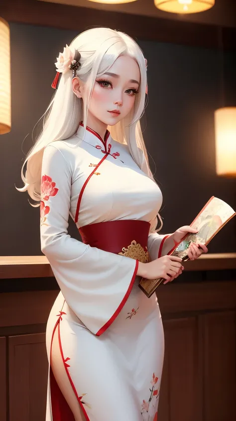 ((4k,masterpiece,best quality)), shuimobysim, Chinese painting, lotus, hanfu, maxiskit, short tight dress 1 girl, solo, white hair, long hair , looking at the audience, teasing