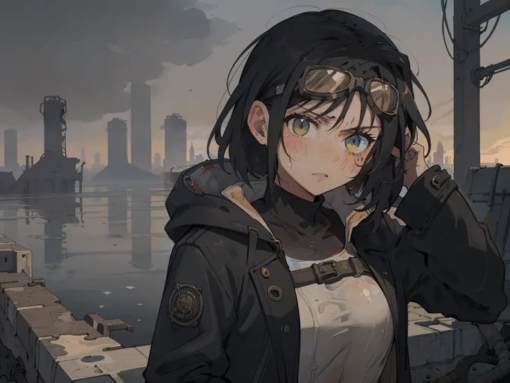 masterpiece, best quality, 1 girl, (close up), engineer, mechanic, (coat, goggles), ( Serious, dirty face, Dirty clothes, on the roof, city View, flooded with water, industrial ruins, Warm, desolate, dark, watercolor, sketch