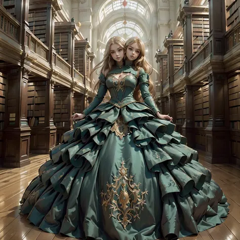 (((Masterpiece, highest quality, high definition, high detail)))), one, ((fantasy)))), (elf woman)))), (ball gown with gold embroidery), (blonde long straight hair), (glossy dark green eyes), big, (((National Library of the royal capital)), (A large space ...