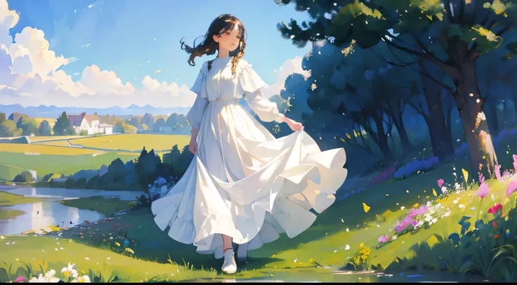 (Sargent style watercolor)、(highest quality、masterpiece)、soft light、view of the cotswolds,old farmhouse、stream、flowers bloom、one woman、dark brown hair、braided hair、White blouse and long skirt、picnic、Standing on a hill、blown by the wind、