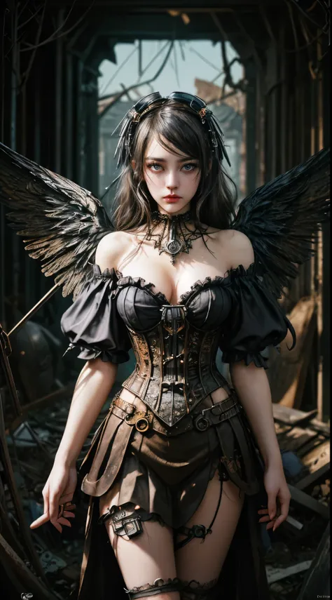 Mechanical doll girl, cute and adorable, (((decadent surrealism))), (((ultra realistic))), (((realistic and accurate eyes))), (((intricate mechanical wings))), very short bob with bangs, matted black hair, flared pleated miniskirt with lace and frills, (((...