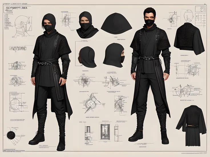 Character Design Sheet, , character reference sheet, character turn around, a Ninja, (Ninja Costume: Dressed in black with black ink all over his body, chain mail inside it, ink on his face, a ninja sword on his back, he sneaks into enemy territory in the ...