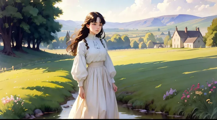 (Sargent style watercolor)、(highest quality、masterpiece)、soft light、view of the cotswolds,old farmhouse、stream、flowers bloom、one woman、dark brown hair、braided hair、White blouse and long skirt、picnic、Standing on a hill、blown by the wind、