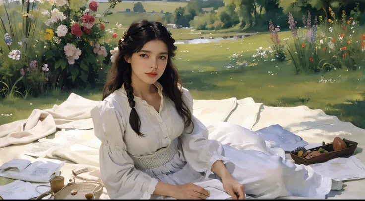 (Sargent style watercolor)、(highest quality、masterpiece)、soft light、view of the cotswolds,old farmhouse、stream、flowers bloom、one woman、dark brown hair、braided hair、White blouse and long skirt、picnic、Picking wildflowers、