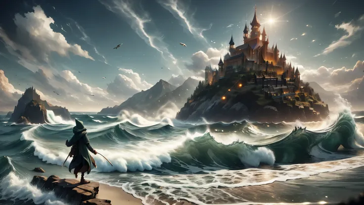 (master piece), 8k, best quality, panoramic view, book illustration, hooded, Wizard, old man, 1.60 meters tall, wearing a dark green tunic, a leather belt and a magic bag, with his arm outstretched , forward, facing the sea, on the sand, from coast to beac...