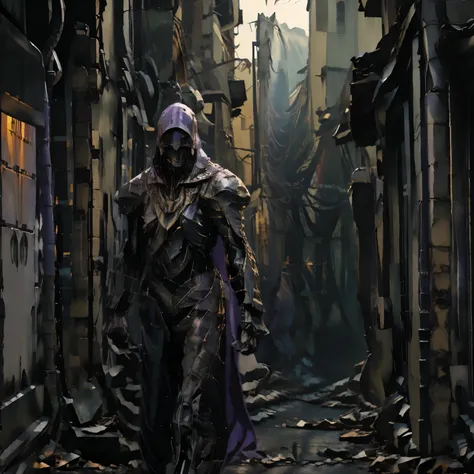 purple glass eyed robot assassin in a cloak in an alley