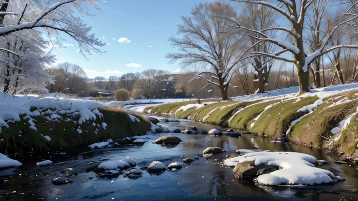 Early spring landscape, melting snow, thawed patches, a timid stream, a tit bird on a branch in the sun, warmth, super detail