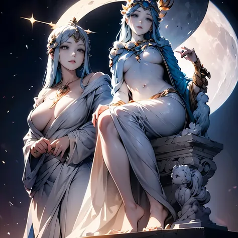 high contrast, marble statue, Moon Goddess Statue, whole body, detailed eyes, detailed face, moon halo, night, contrast of light and darkness